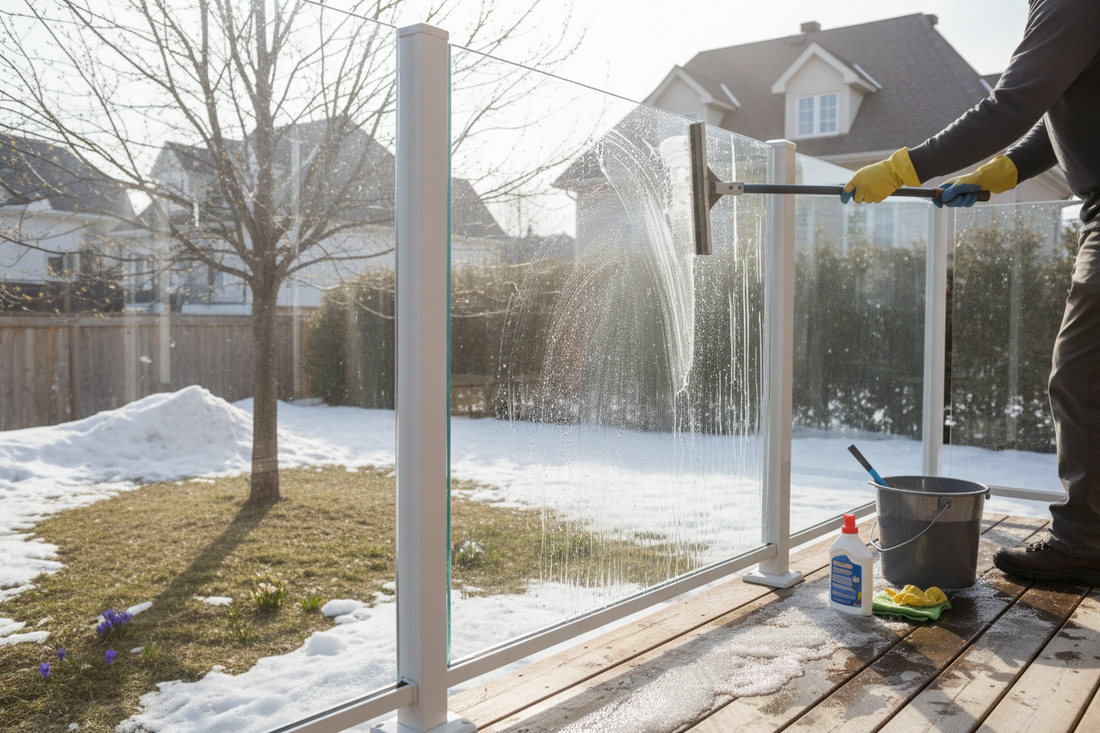 Nettoyage de Printemps d'une Rampe en Verre après l'Hiver Québécois